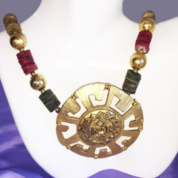 MUSEUM REPRO AZTEC GOLD SUN AND HESHI NECKLACE-NEW - Picture 1 of 7